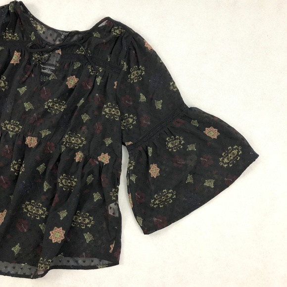 Lucky Brand Swiss Dot Peplum Bell Sleeve Sheer Top - Picture 2 of 7